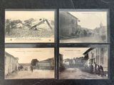 four old black and white photos of people walking down a street
