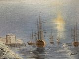 un tableau représentant des bateaux sur l'eau, avec des bâtiments en arrière-plan