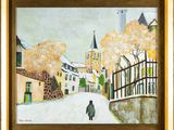 une image représentant un tableau où l'on voit une personne marchant dans la rue