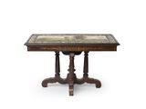 une image d'une table avec un plateau en marbre sur un fond blanc