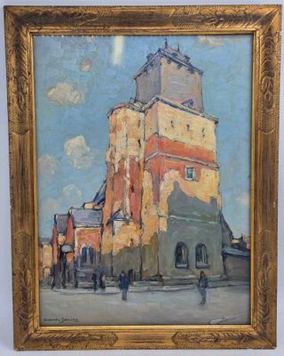 an oil painting of a building with a clock tower in the middle of it