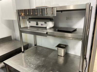 a stainless steel counter top in a commercial kitchen