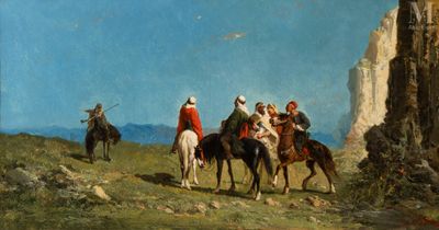 un tableau représentant un groupe de personnes à cheval sur une colline