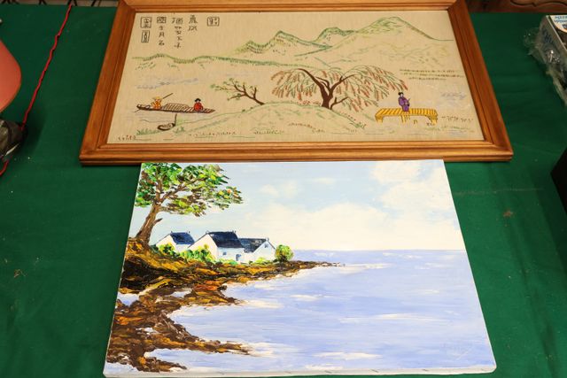 Huile sur toile « Marine » monogrammée BP et broderie 