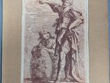 an old picture of a man pointing at a man holding a shield