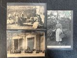 three old black and white photos of people sitting in front of a building