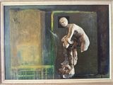 a painting of a man with a dog in a room