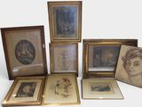 many framed pictures of a woman and a man