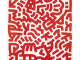 une peinture rouge et blanche représentant des lettres et des chiffres sur fond blanc