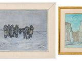 two paintings of horses pulling a carriage in a snowy landscape