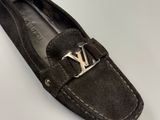louis vu vu sued slipper shoes with gold monogram