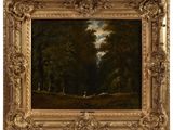 a painting of a wooded landscape with figures in the distance
