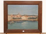 a picture of a painting of a city by the water