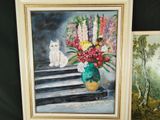 painting of a cat and a vase of flowers on a table