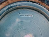 a small pink object in the middle of a blue bowl