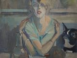 un tableau représentant une femme assise à une table avec un chat