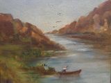 a painting of a man in a boat on the water
