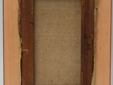 an old picture frame with a piece of paper taped around it