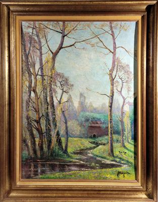 a painting of a landscape with trees and a house in the distance