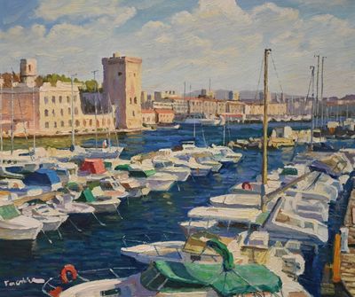 peinture de bateaux dans un port avec un château en arrière-plan
