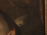 an oil painting of a woman ' s head with a pearl in her hand