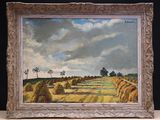 an oil painting of a field with hay bales and trees in the distance