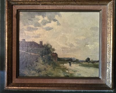 une peinture à l'huile représentant un homme marchant sur un chemin de terre