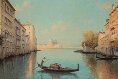 a painting of a gondola going down the river