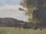 a painting of cows grazing in a field next to a river