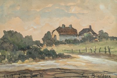 painting of a rural landscape with a house and a fence