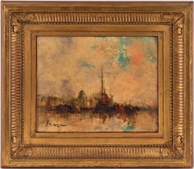 un tableau représentant un bateau sur un plan d'eau, avec le ciel en arrière-plan