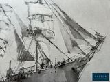 a black and white photo of a ship in the water