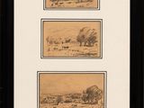 three framed drawings of cattle grazing in a field