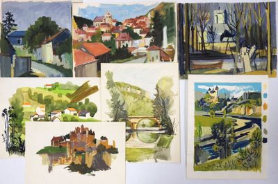 several watercolor paintings of a village and a river in the country
