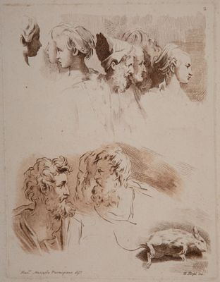 croquis représentant un groupe de personnes et un chien, réalisés par un homme