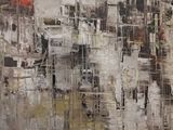 abstract painting of a cityscape with buildings in the background