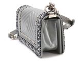silver purse on a white background with a chain hanging from it