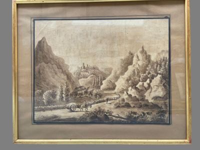 painting of a mountain scene with a horse drawn carriage in the foreground and a mountain range in the background