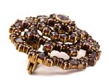 a close up of a gold brooch with garnets on it