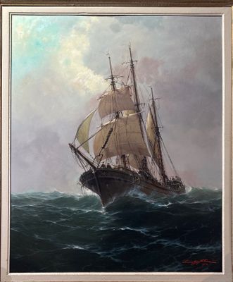 une peinture à l'huile représentant un voilier sur une mer agitée