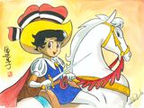 tableau représentant un jeune garçon à cheval, sur un cheval blanc, vêtu d'une cape rouge