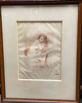 painting of a woman holding a child in her arms in a wooden frame
