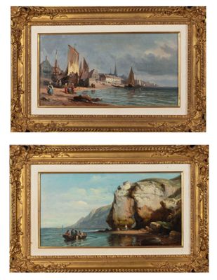 deux tableaux représentant des bateaux sur l'eau, près d'un rivage rocheux