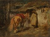 painting of a man standing next to a horse in front of a building