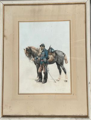 tableau représentant un homme à cheval avec un chien sur le dos