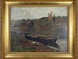 une peinture à l'huile représentant un bateau sur une rivière avec des arbres en arrière-plan