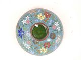 a blue plate with a green center and flowers on it