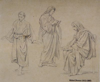 three studies of a woman and a man seated in a seated position
