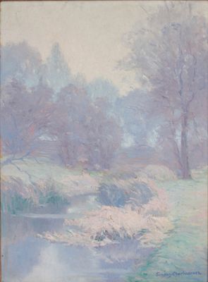an image of a painting of a river with trees in the background