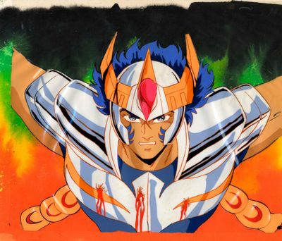 une image représentant le dessin d'un homme aux cheveux bleus, portant une chemise blanche et orange